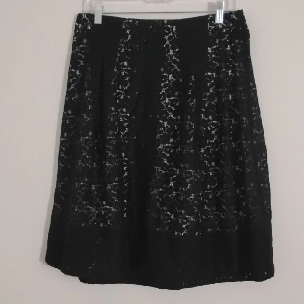 Talbots Black Midi Skirt Floral Lace Overlay Nude Illusion Feminine A Line Pleat